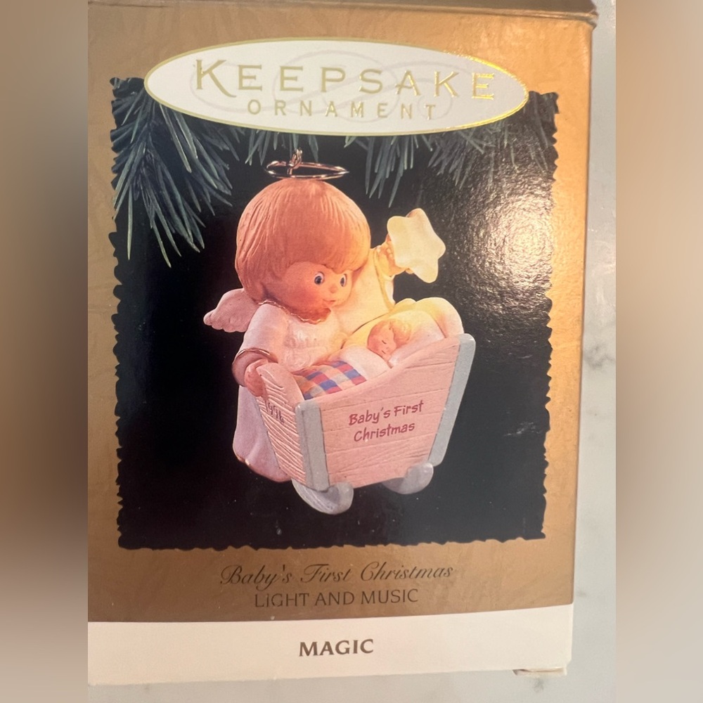 Vintage 1996 Hallmark BABY 1st CHRISTMAS Angel Cradle Star Ornament LIGHT+SOUND